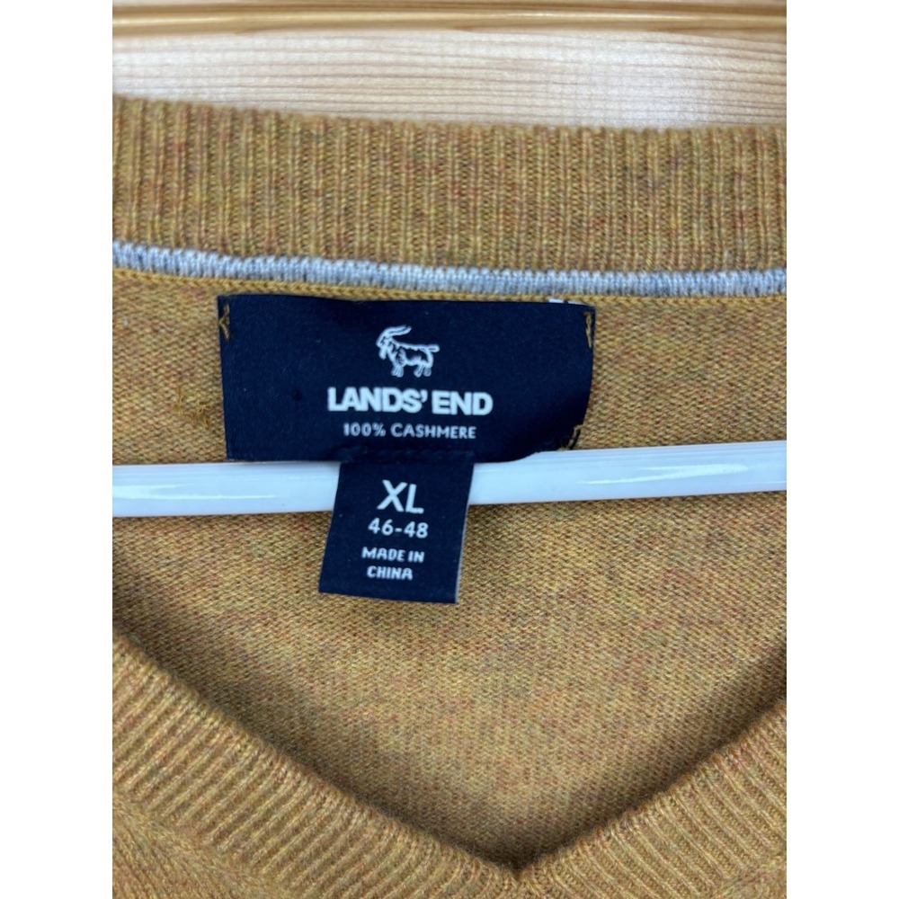 LANDS END 100% Cashmere Sweater Mens Large 42-44 Long Sleeve V-Neck Yellow Brown - Picture 6 of 6